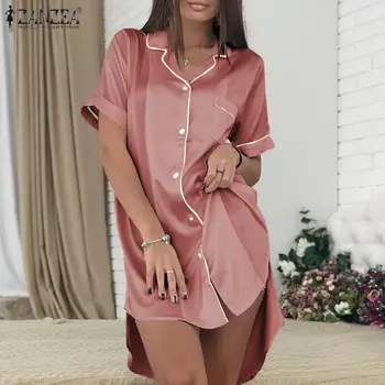 Femei Cămăși de noapte ZANZEA Moda Satin Sleepshirts 2021 Vara Neregulate cămașă de Noapte Acasă Casual Pijamale Mini Rochie Plus Dimensiune