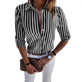 Femei De Moda Cu Maneci Lungi Rândul Său, În Jos Guler Dungi Verticale Office Camasa Bluza