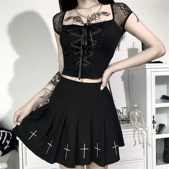 Femei De Moda De Stradă Sexy Dantelă Panglică Cruce Curea Rock, Rap, Hip-Hop Tricou Retro Fete Stil Gotic Negru T-Shirt, Blaturi De Îmbrăcăminte
