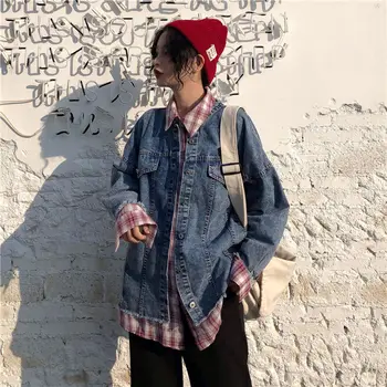 Femei Denim, Jachete de Primăvară 2021 Fals Două Piese Îmbinate Camasa Carouri Streetwear Harajuku Za Haine Vintage de Bază Uza