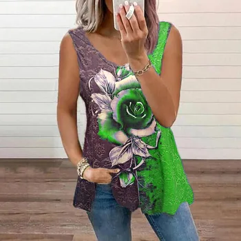 Femei Florale Imprimare Rezervor Vesta Rose Imprimate O Vrac Gât Pulover Fără Mâneci Tricou De Vara Moale Moda Casual Vesta Plus Dimensiune