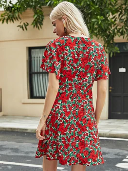 Femei Florale Imprimare Rochie De Vara 2021 Elegant Dantela-Up Boho V Gât Mini Vestidos Short Sleeve Ruched Sifon Doamnelor Haine Roșii