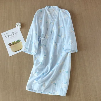 Femei Halat de baie de Bumbac Imprimare Primăvară-Vară Subțire V Gât Buzunare Doamnelor Haine Maneca Trei Sferturi Dantela Sus Homewear pentru Femei