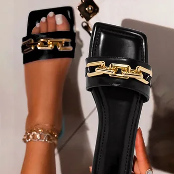 Femei Papuci De Casa Sandale Design Nou Lanț De Aur Închis Toe Slip Pe Catâri Pantofi Cu Tocuri Plate Cap Pătrat Casual Slide-Uri Flip Flop 2021