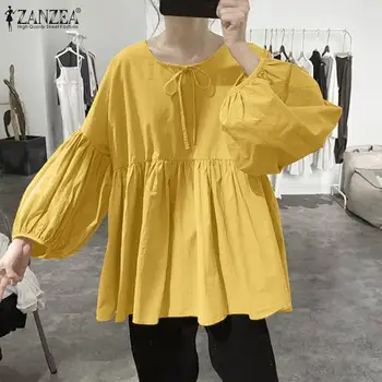 Femei pe mâneci Bluze ZANZEA 2021 Elegant Plisata Topuri Casual Solid Dantelă Sus Blusas de sex Feminin V Gât Camasa Tunica