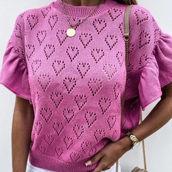 Femei Primavara-Vara Pulovere Gol Afară De Proiectare Vedea Throough O-Neck Maneca Lunga Casual Culoare Solidă Vrac Top Tricotate