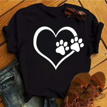 Femei T Shirt Desene animate Topuri Colorate Inimă de Câine Laba de Imprimare T-shirt de Vara pentru Femeie T-shirt ' 90 Fete Maneci Scurte Tee Negru T-shirt