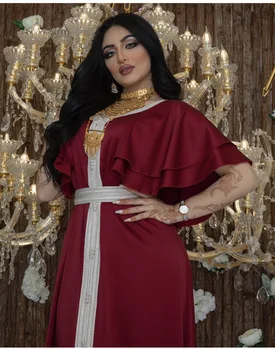 Femeile Musulmane Rochii Abaya Dubai Jalabiya Dantela Mozaic Panglică Volane Jumătate Mâneci Rochie Burgundy Robe Etaj Lungime Mijlocul