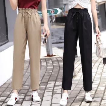 Femeile Toate-meci de Streetwear Elastic Talie Pantaloni Largi cu Talie Înaltă Doamnelor Simplu Înaltă Cutat Talie Butoane Elevii Pantaloni