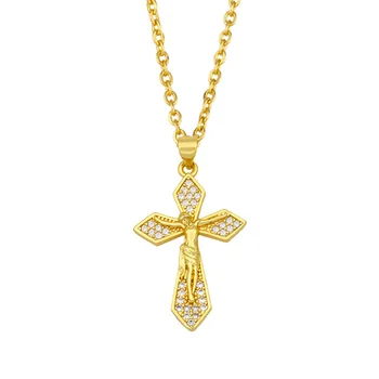 FLOLA Aur, Vermeil Isus Cruce Colier Pentru Femei CZ Deschide Stras Colier Pandantiv Cubic Zirconia Religioase Bijuterii nkeu38