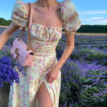 Florale Rochie De Imprimare Femei Îmbrăcăminte De Vară, Sexy, Elegant, De Moda Bubble Sleeve Floral Dantelă Înaltă Split Rochie Lunga Vestdio Vintage