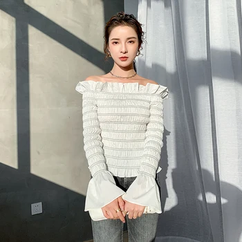 GALCAUR Cămașă Albă cu Dungi Pentru Femei Slash Gât Flare Sleeve Volane Designer Casual pentru Femei Bluze 2021 Moda Stil coreean