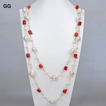 GG Bijuterii Naturale de Coral Roșu Alb Keshi Baroc de Cultură de apă Dulce Pearl lanț Pulover Colier Handmade Drăguț Pentru Femei