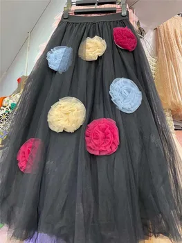 Handmade Flori Tridimensionale Plasă De Balon Fusta Femeie Vara Noi De Înaltă Talie O - Linie Midi Printesa Fuste Fete Doamnelor