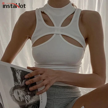 InstaHot Taie Rezervor De Top Solid Subțire Fără Mâneci Sexy Femei De Vară 2021 Casual Moda Streetwear Crop Top Gol Afară Vesta Rezervor