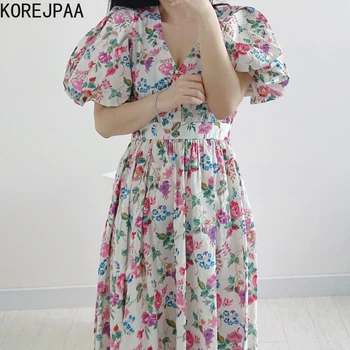 Korejpaa Femei Rochie 2021 coreean Șic de Vară, Dulce, Elegant Imprimate Flori V-gât Curea de Talie Lung Bubble Sleeve Vestido de sex Feminin