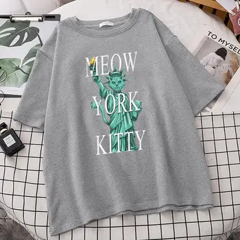 Miau York Kitty Funny Print Femeii T-Shirt Supradimensionate S-Xxxl Maneca Scurta Primavara-Vara Streetwear Maneci Scurte T-Shirt Femei