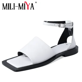 MILI-MIYA Brand Design Confortabil Plat Vara Doamnelor Sandale de Vacă din Piele Cataramă Curea Glezna Fashion Square Toe Pantofi Tendință Rosu Negru