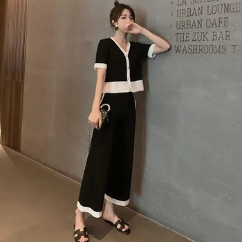Moda Coreeană 2 Seturi De Piese Pentru Femei Haine De Vară 2021 V-Neck Short Sleeve Top Tricotate+Pantaloni Largi Picior Liber Casual Costum De Intindere