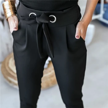 Moda Pantaloni pentru Femei Culoare Solidă Dungă Flouncing Pantaloni cu Talie Înaltă, Subțire Trunchiate Pantaloni Doamnelor elegant Dantela-up Pantaloni Noi