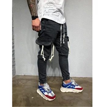 Moda pentru bărbați Spălate Denim Pantaloni talie mijlocie Cordon Slim-fit Jeans Jogging Pantaloni Talie cu Fermoar Stretch Blugi Casual Slim