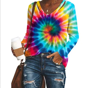 Modă Plus Dimensiune Colorate Whirlpool V-neck Tee Shirt Femei de Primavara Haine de Iarnă Streetwear Maneca Lunga Tricou Supradimensionat Sus Y2K