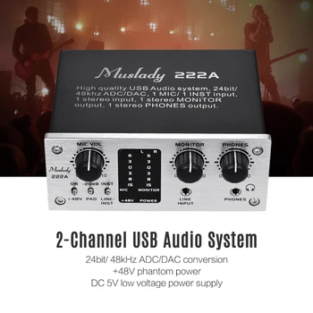Muslady 222A 2-Canal Audio USB Sistem de Interfață Externă placa de Sunet +48V phantom power DC 5V de Alimentare pentru Computer