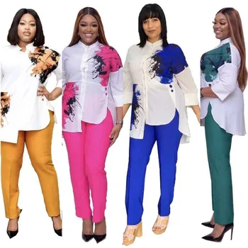 Neregulate Împărțit În Două Bucata Costum 2021 Nou Din Africa De Vara Femei Maneca 3/4 Bluza + Pantaloni De Moda De Imprimare De Înaltă Calitate Costum
