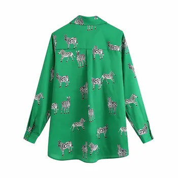 Nlzgmsj Za 2020 toamna femei supradimensionat animal print camasa verde chic feminin casual tricou vrac bluze