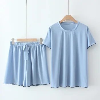 Noi 2021 Doamnelor Vara Plus Dimensiune Pijamale Pentru Femei Mari Maneci Scurte Largi Albastru T-Shirt Și pantaloni Scurți de Uzură Acasă Seturi 3XL 4XL 5XL