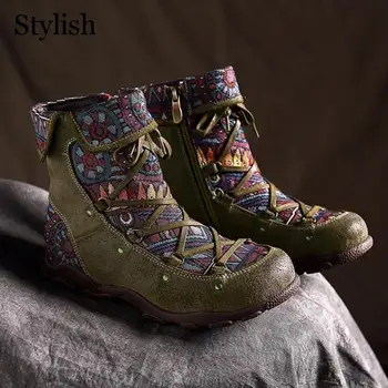 Noi De Iarnă Cizme Pentru Femei Boemia Retro Agrement Brodat Împletit Pantofi Dantela-Up Confortabil Femei Pantofi Plat Glezna Cizme