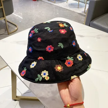 Noi De Vara Floral Panama Pălărie Găleată Doamnelor Plasă De Fire De Dantelă Brodată Cu Flori Pălării De Soare Coreean Respirabil Pescuit Protetion Capac