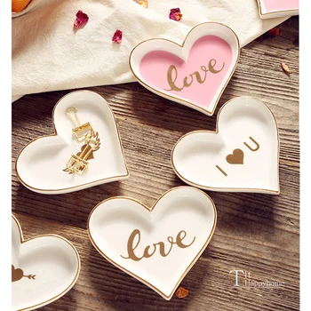 NOU lux ceramice dragoste placa rafinat în formă de inimă ceramice aurit vas mic de bijuterii placa de stocare farfurie decorativa femeie cadou
