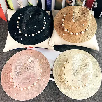 Noua Primavara-Vara Pălării Pentru Femei Margele de Flori cu Boruri Largi Jazz Pălărie Panama Parasolar Plaja Pălărie Floare Pearl nit Pălărie de Paie