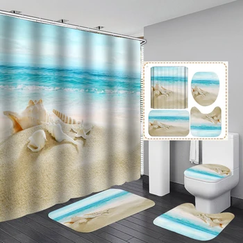 Noua Stea De Mare Coajă Baie Perdea De Duș De Vară Perdele Seturi Non Alunecare Stil Plajă Model Toaletă Capac Din Poliester Mat Set