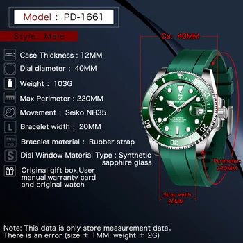 PAGANI DESIGN Bărbați Analogice Mecanice Automate Safir de Sticlă Ceasul cu Bratara din Cauciuc PD1661 40mm Verde NH35 24 de Bijuterii 2021