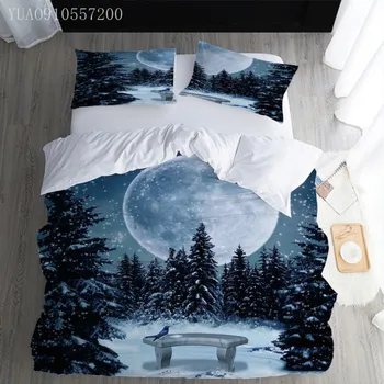 Peisaj 3D Set de lenjerie de Pat Noapte cu Zăpadă, Pădure, Lună de Imprimare Plapuma Acoperă Pernă Fular Set de lenjerie de Pat Lenjerie de pat Home Decor