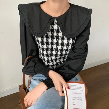 Peter Pan Guler Carouri Bluza Femei Cu Maneci Lungi Coreean Francez De Epocă Mozaic De Primăvară, Tricouri Topuri Birou Doamnă În Vrac Casual Z123