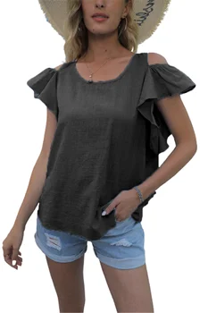 Plus Dimensiuni-5XL Volane Short Sleeve Solid Tricouri Casual de Vara Femei O-Gât Gol Umăr Bumbac de Moda de Top Lady Shirt Bluza
