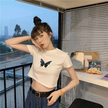 QWEEK Animal Print Alb Culturilor tricou pentru Femei de Streetwear Top de Vară 2021 Moda coreeană Maneca Scurta Alb Crop Top de sex Feminin