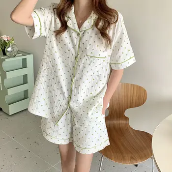 QWEEK Bumbac, Pijamale Femei coreene Pijamale pentru Fete de Vară 2021 Pijamale Doamnelor Inima de Imprimare Pijamas Maneci Scurte Set de Două Piese