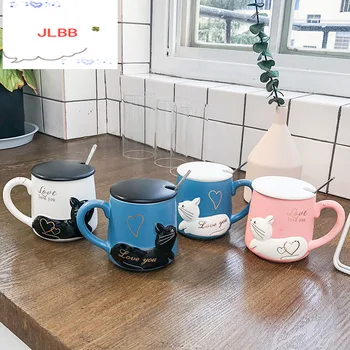 Relief 3D Pisica Cana de Cafea cu Capac si Lingura de Dragoste Kitty Ceramice Apă Ceașcă de Ceai Cadou de Nunta Albastru și Negru 400ml
