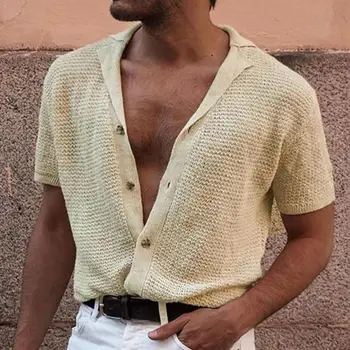 Respirabil Bărbați T-shirt Culoare Solidă Tricot 2021 Noua Moda de Vară V Gâtului Maneca Scurta Rever Cardigan Po-lo Shirt