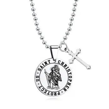 Saint Christopher a ne proteja breloc din Otel Inoxidabil Colier Barbati Catolică Pandantiv Cruce gratuit gravură de Călătorie binecuvântare bijuterii