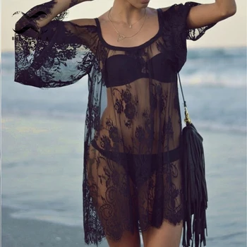 Sexy monofazate mesh lace cover-up-uri cu maneca Lunga beachwear Zburli costume de baie femei costume de baie Negru Elegant rochie de plaja costum de Baie Nou