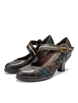 SOCOFY Femei Despicare Colorate din Piele Pompe Cârlig Buclă de Metal Cataramă Curea Glezna Con Toc Mary Jane Pompe Toc Pantofi Casual