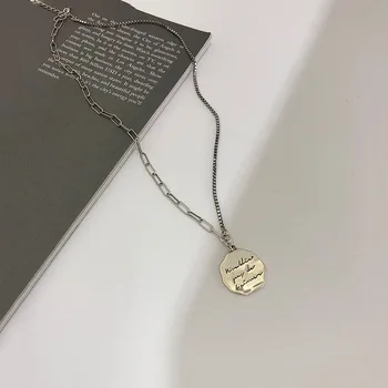 Subeads Argint 925 Retro Rotund Placa de Litere Pandantiv Colier pentru Femei Asimetrie Link-ul Lanț Cravată Colier Bijuterii