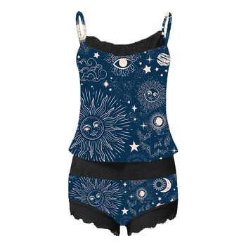Sun Moon Imprimare Pijamale Femei fără Mâneci Dantelă Cami pantaloni Scurți Set 2021 Confortabil Vara Pijamale Lenjerie pizama dla kobiet A30