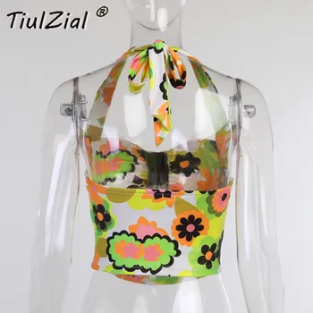 TiulZial Print Floral Pe Umar Femei de Top fara Spate Vară Rezervor de Top Y2K E Fata Halter Camis Sus 2021 Ruched Trunchiate Topuri