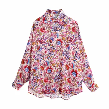 TRAF Za Florale de Top de sex Feminin Imprimare Tricou Bluze din Satin Femei Casual cu Maneca Lunga Bluza Femeie de Vară 2021 Epocă Butonul Până Camasi